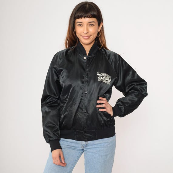 Vintage 90s Satin Bomber Jacket Black Riverside Resort Laughlin Nevada Casino Graphic Snap Button Up Lightweight 1990s Retro Small S