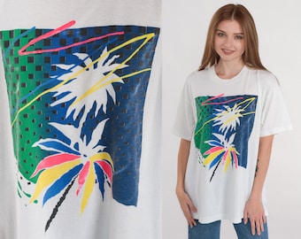 Palm Tree T-Shirt 90s Beach Shirt Tropical Graphic Tee Surfer TShirt Retro Colorful Abstract Single Stitch Vintage 1990s Extra Large xl