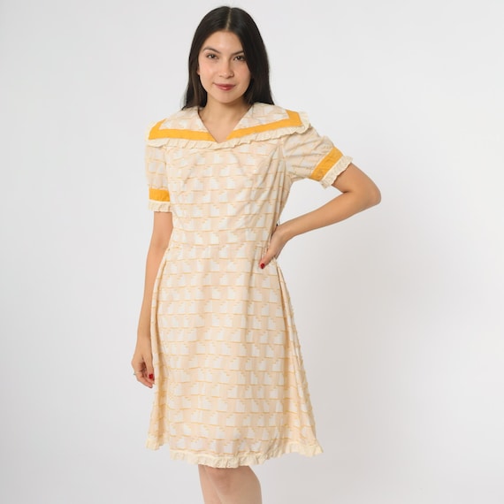 70s Prairie Babydoll Dress Cream Yellow Geometric Print Lace Trim Cotton Vintage Cottagecore Folk Boho Romantic Pastoral Style Medium M