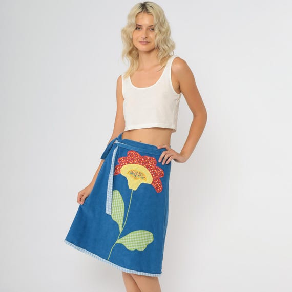 Corduroy Wrap Skirt 80s Vintage Blue Floral Applique Gingham Reversible Tie Waist A Line Midi Cottagecore Prairie Style Small S