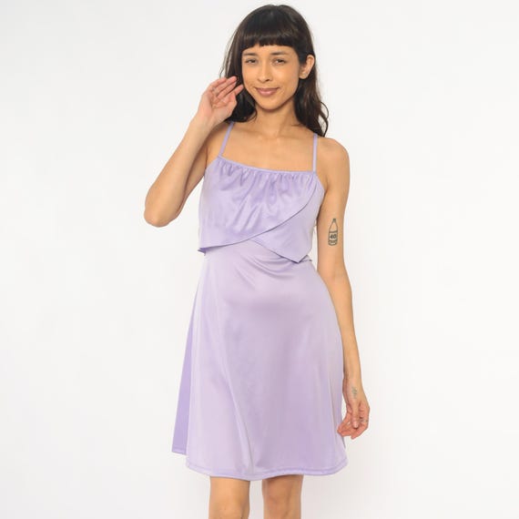 70s Lavender Dress Spaghetti Strap Gathered Purple Lilac Coquette Fairycore Balletcore Party Cocktail Sping Summer Vintage Extra Small XS