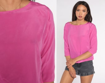 Pink Silk Top 90s Light Fuchsia Blouse Simple Plain Minimalist Basic 3/4 Sleeve Shirt Spring Summer Solid Casual Vintage 1990s Small S