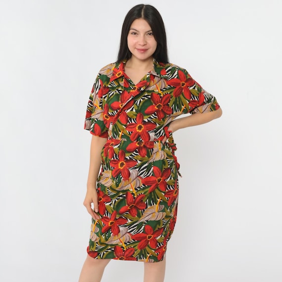 Vintage Tropical Floral Dress 80s Midi Wrap Dress Summer Sheath Dress V Neck Dress 1980s Red Green Jungle Print Short Sleeve Small S