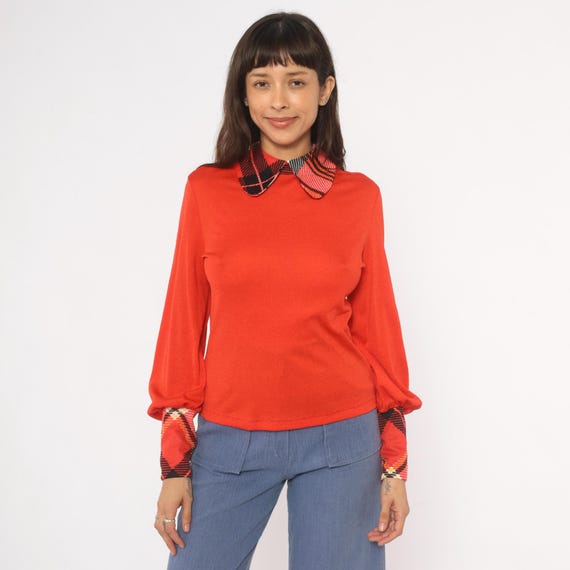 70s Plaid Collar Blouse Red Bishop Sleeve Top Tartan Cuff Detail Back Zip Pullover Pointed Collar Knit Shirt Vintage Women Medium M