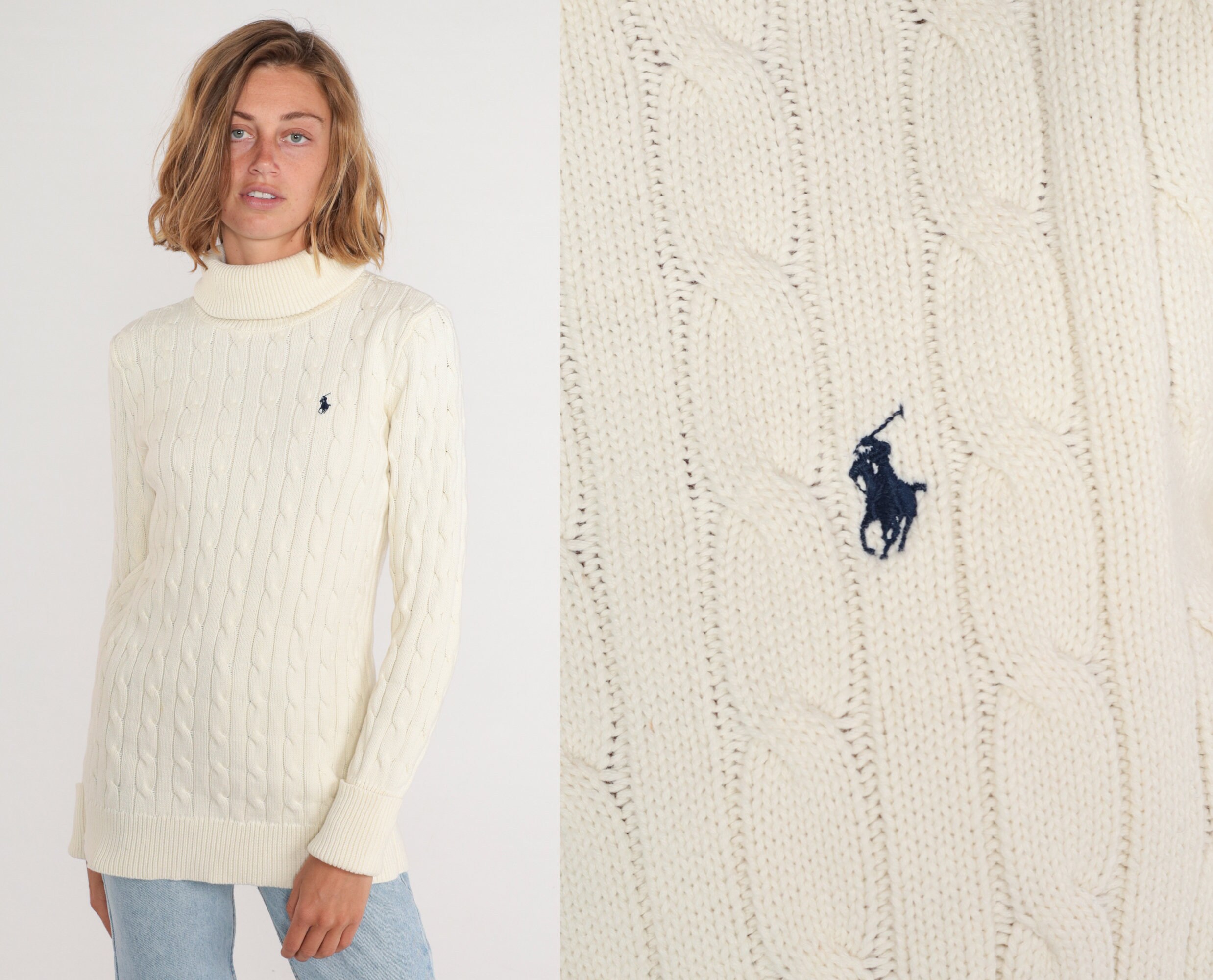 Ralph Lauren Sweater Y2K Cream Cable Knit Pullover Turtleneck Sweater Top  Retro Turtle Neck Preppy Cotton Long Sleeve Vintage 00s Medium M