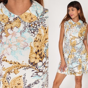 Mod Mini Dress 60s PETER PAN Collar Floral Shift Dolly Scooter Dress 1960s Hippie Vintage Liberty Circle Twiggy Sleeveless Blue Small Medium