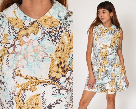 Mod Mini Dress 60s PETER PAN Collar Floral Shift Dolly Scooter Dress 1960s Hippie Vintage Liberty Circle Twiggy Sleeveless Blue Small Medium