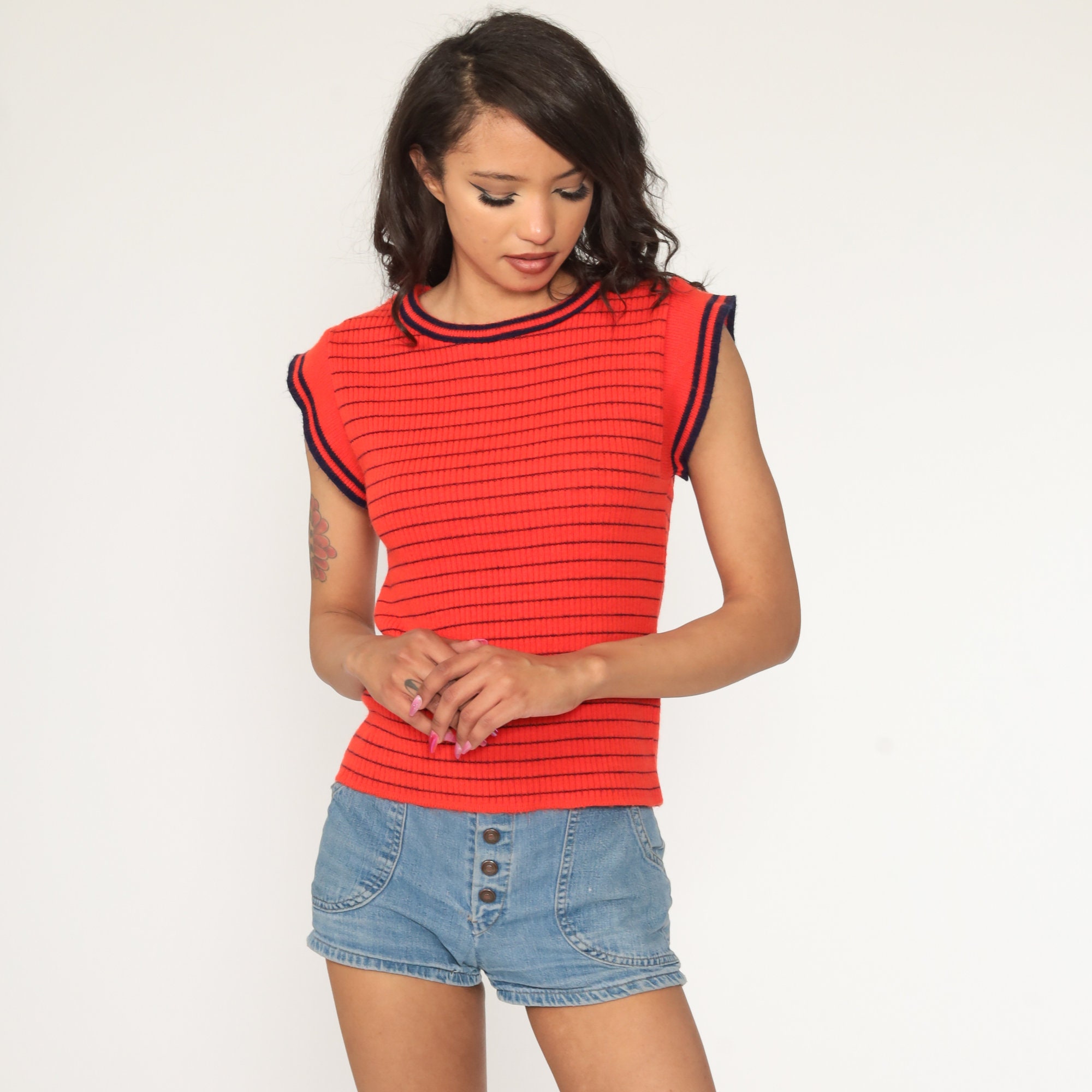 Red-Orange Knit Shirt 70s Top Boho Cap Short Sleeve Sweater Top Striped ...