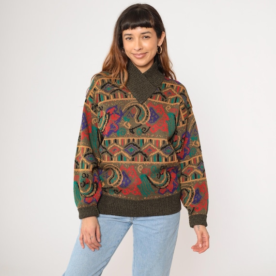 Vintage 80s Meister Wool Blend Sweater Multicolor Paisley Pattern Abstract Floral Ski Sweater Shawl Collar Pullover 1980s Medium Large