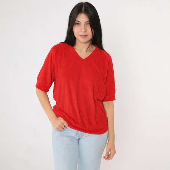 Vintage 80s Terry Cloth Top Red Slouchy V Neck Shirt Retro Tee 1980s Slouch Short Sleeve Retro Terrycloth Medium Large