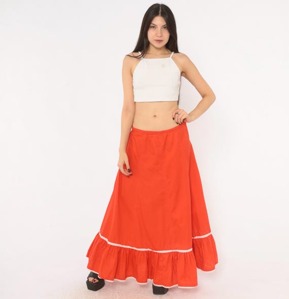 70s Orange Prairie Skirt Tiered Ruffle Eyelet Lace Trim Cotton Blend Full Sweep Cottagecore Peasant Square Dance Hippie Vintage Large L