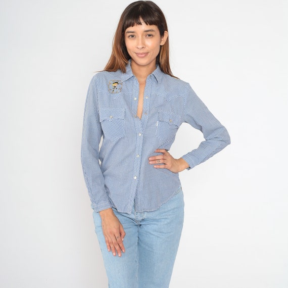 Levis Western Shirt 80s Gingham Pearl Snap Shirt Embroidered Cowgirl Button Up Long Sleeve Rodeo Cowboy Top Vintage 1980s Extra Small xs