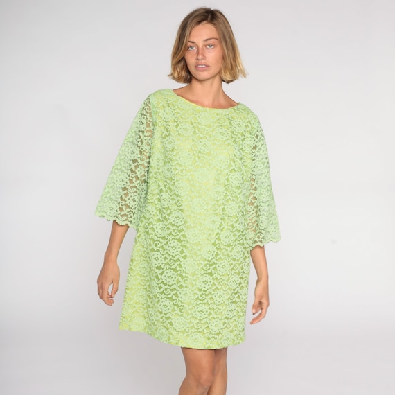 60s Lace Mini Dress Mod Party Dress Lime Green 1960s Cocktail Bohemian Shift Vintage Boho Sheer Sleeve Formal Twiggy Large xl
