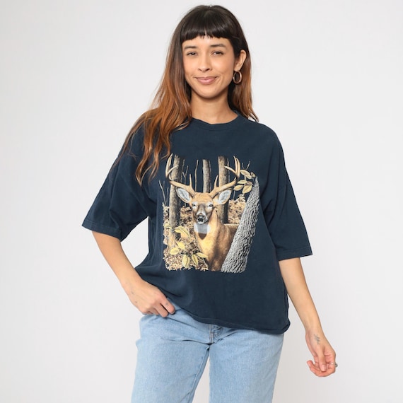 Vintage Buck Deer T Shirt Y2K Animal Tshirt Navy Blue Wildlife Nature Graphic Tee Retro T-shirt Streetwear 00s Extra Large xl