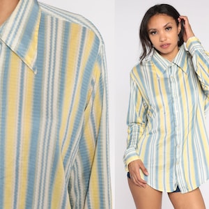 Striped Shirt 70s Shirt Blue Yellow Print Shirt Oxford Disco Long Sleeve Boho Top Geek Nerd Button Up 1970s Collared Extra Large xl xxl 2xl