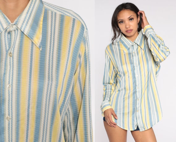Striped Shirt 70s Shirt Blue Yellow Print Shirt Oxford Disco Long Sleeve Boho Top Geek Nerd Button Up 1970s Collared Extra Large xl xxl 2xl