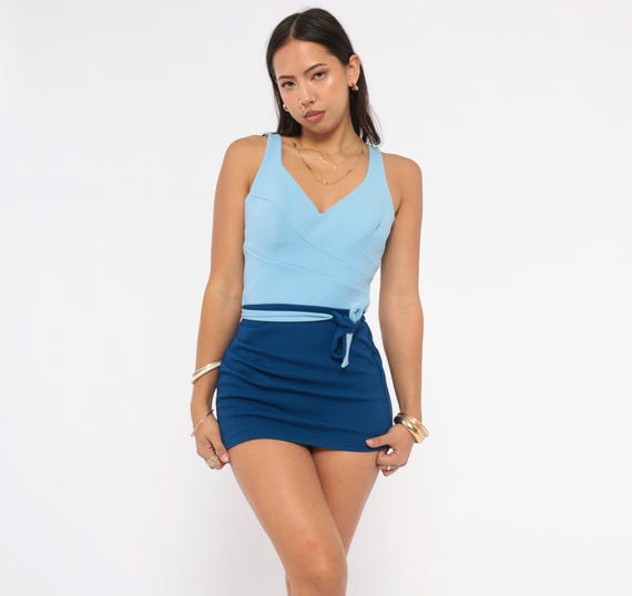 70s Oleg Cassini Swimsuit Sky Blue Navy Colorblock Wrap Front Bodysuit Skort Open Waist Sleeveless Vintage Playsuit One Piece Medium M