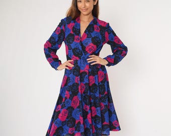 80s Floral Wrap Dress Boho Blue Fuchsia Rose Print Dress Midi Long Sleeve 1980s V Neck Dress Secretary Bohemian Vintage High Waist Medium