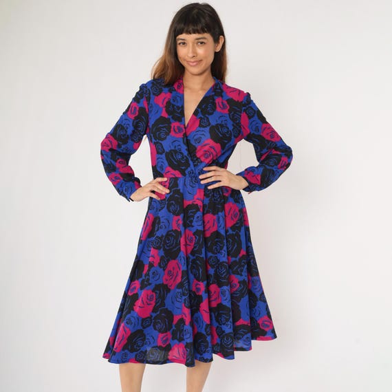 80s Floral Wrap Dress Boho Blue Fuchsia Rose Print Dress Midi Long Sleeve 1980s V Neck Dress Secretary Bohemian Vintage High Waist Medium