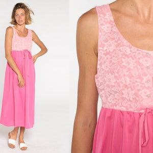 Bright Pink Nightgown 70s Floral Lace Slip Dress Lingerie Nightie Midi Boho Empire Waist Sleeveless Romantic Girly Vintage 1970s Medium M