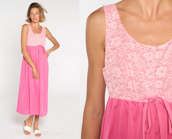 Bright Pink Nightgown 70s Floral Lace Slip Dress Lingerie Nightie Midi Boho Empire Waist Sleeveless Romantic Girly Vintage 1970s Medium M