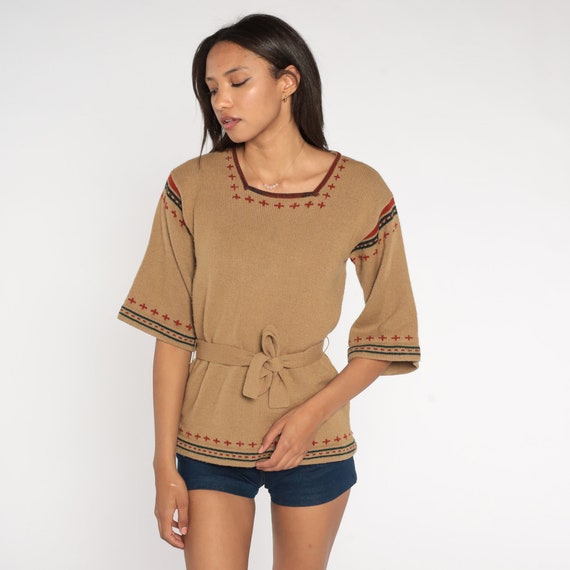 70s Boho Sweater Tan Bell Sleeve Sweater Bohemian 1970s Pullover Knit Retro Belted Sweater Short Sleeve Geometric Striped Small S