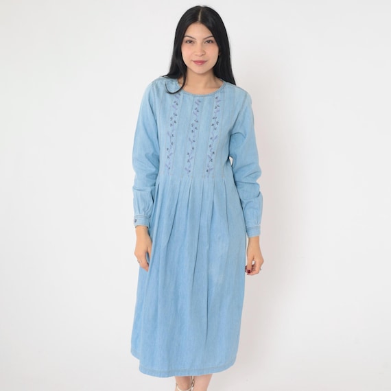 Floral Denim Dress 90s Embroidered Midi Jean Dress Vintage 1990s High Waist Pleated Grunge Revival Long Sleeve Lizwear Petite 4 Small