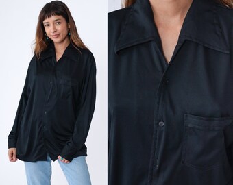 Black Button up Shirt 70s Top Long Sleeve Retro Basic Disco Shirt Collared Plain Seventies Blouse Minimalist Vintage 1970s Extra Large xl