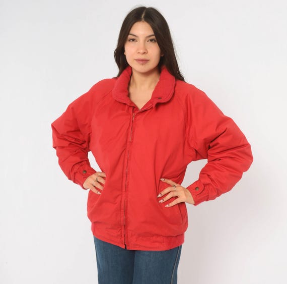 80s Eddie Bauer Red Bomber Jacket Zip Front Insulated Puffer Coat Pockets Boxy Crimson Winter Ski Snow Unisex Vintage Womens Small S