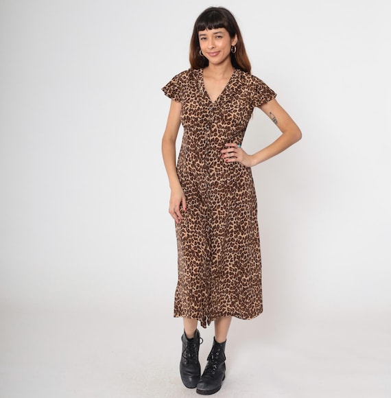 Leopard Print Dress 90s Flutter Sleeve V Neck Button Front Midi Vintage Animal Print Secretary Dress Mob Wife Chic Statement Small S