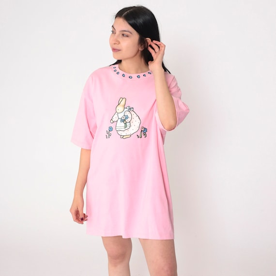 Bunny T-Shirt 90s Pink Floral Shirt Kawaii Cute Animal Graphic Tee Mini TShirt Dress Single Stitch Vintage 1990s Jerzees Small Medium Large