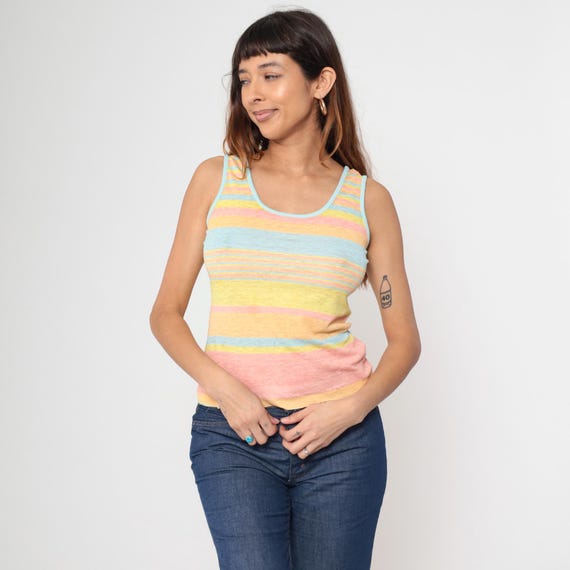 Vintage Striped Tank Top 80s Pastel Paper Thin Burnout Sleeveless T-Shirt Pink Blue Yellow Scoop Neck Retro Summer Shirt 1980s Small