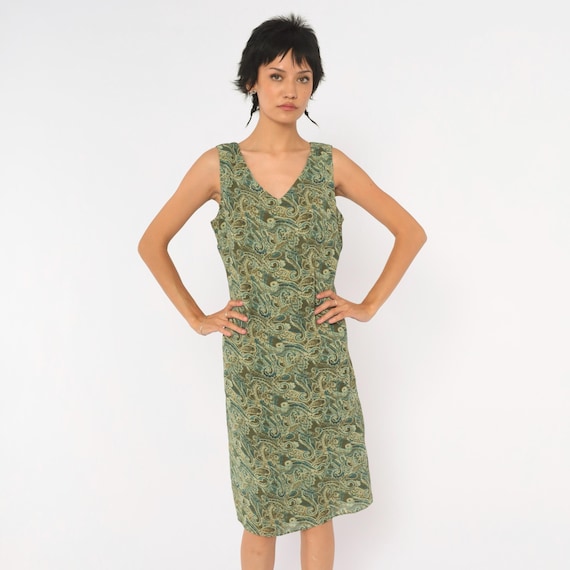 90s Paisley Print Dress Olive Green Sleeveless V Neck Shift A Line Below The Knee Tank Sundress Dark Grunge Kathie Lee Vintage Small S