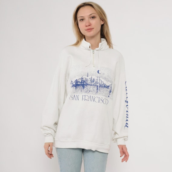 San Francisco Sweatshirt 90s Quarter Zip Pullover City Skyline Moon Cream Off White Cotton Long Sleeve Tourist Souvenir Vintage Medium M