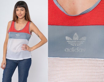 Vintage Adidas Tank Top 80s Sheer Mesh Shirt Retro Tee Sports Jersey Sleeveless Top Retro Athletic Color Block Red White Grey Small Medium