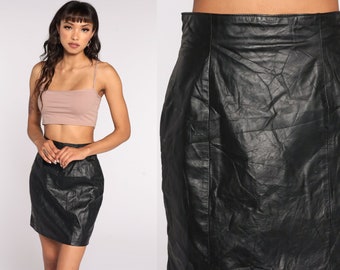Black Leather Skirt 90s Mini Skirt Black Leather Wiggle Skirt Pencil Party Goth Punk 1990s Vintage High Waist Hipster Small S