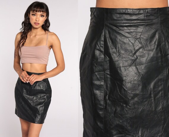 Black Leather Skirt 90s Mini Skirt Black Leather Wiggle Skirt Pencil Party Goth Punk 1990s Vintage High Waist Hipster Small S Etsy UK