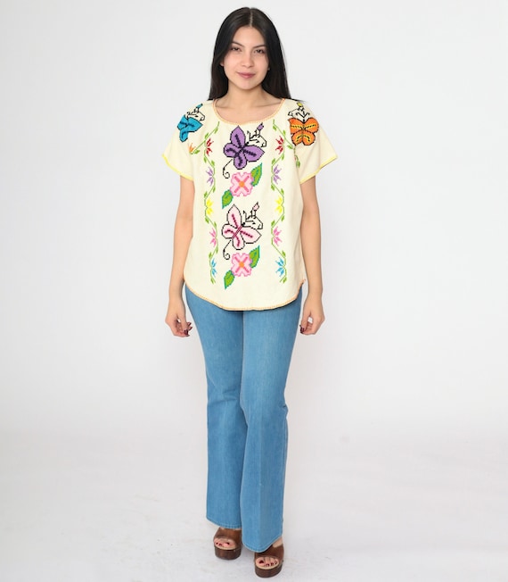 Floral Embroidered Blouse 90s Cream Butterfly Top Cross Stitch Boho Hippie Shirt 1990s Bohemian Vintage Tunic Flower Festival Medium