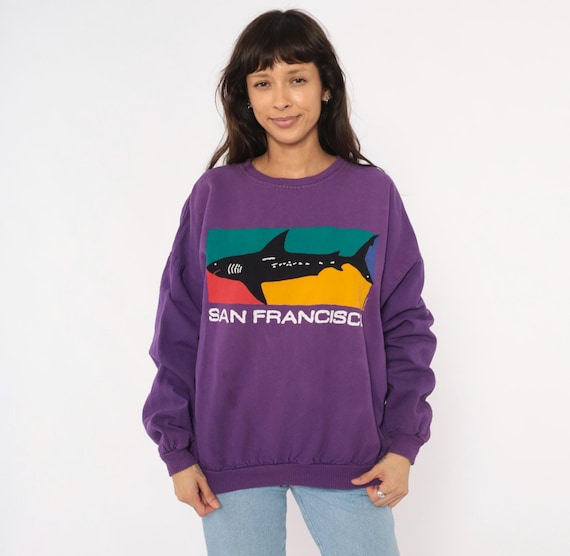 90s San Francisco Shark Sweatshirt Purple Graphic Pullover Colorblock Violet Plum Surf Beach Souvenir Crazy Shirt Brand Vintage Medium M