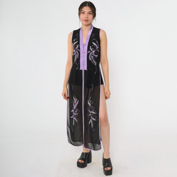 Vintage Sheer Black Cheongsam Dress 2000s Purple Glitter Mandarin Collar High Side Slits Y2K Asian Style Long Vest Jacket Medium M