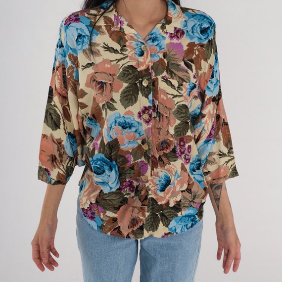 90s Floral Blouse Button up Shirt Rose Flower Pri… - image 5