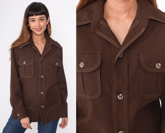70s Button Up Shirt Chocolate Brown Top-Stitch Re… - image 1