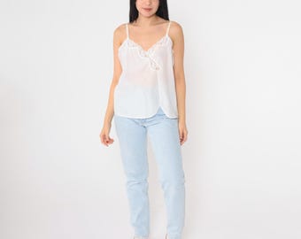 Vintage Lace Camisole 80s White Cami Lingerie Tank Top Semi-sheer