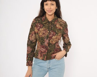 Floral Tapestry Jacket 90s Rose Blazer Fitted Olive Burgundy Woven Collared Shirt Jessica Howard Green Cottagecore Corporate Extra Small XS