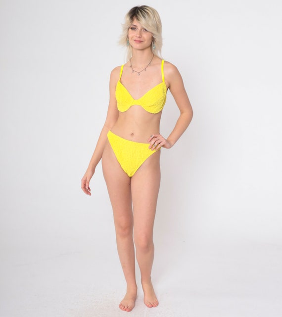90s Bikini Set High Cut Yellow Two Piece Swimsuit… - image 2