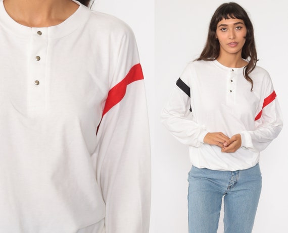 White Henley Sweatshirt Half Button Up Long Sleeve Shirt 1990s Striped Pullover Retro 1980s Nerd Geek Normcore Small Medium