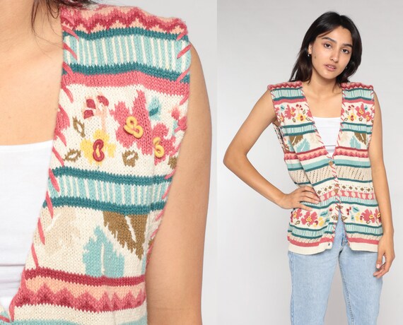 Striped Floral Sweater Vest 90s Button up Knit Vest White Pink Blue Flower Leaf Print Retro Shabby Chic Vintage 1990s Cotton Ramie Large L