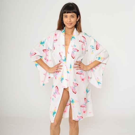 Vintage 70s Butterfly Kimono Robe White Open Front Dressing Gown Retro Boho Hippie Festival Jacket 1970s Small Medium xs