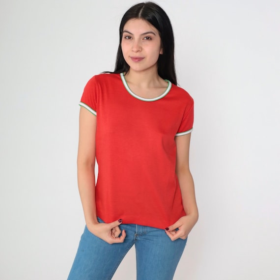 Red Ringer Tee 80s Scoop Neck T-Shirt Retro Plain Single Stitch TShirt Simple Top Sporty Casual Green White Vintage 1980s De lanthe Medium M