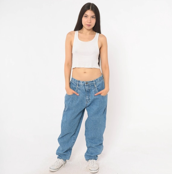 90s Baggy Jeans Brittania High Waisted Denim Pants Medium Wash Blue Cotton Tapered Leg Relaxed Fit Streetwear Hip Hop Vintage Womens 33